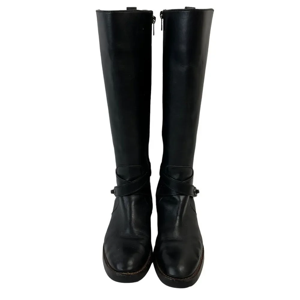 Coach Size 8 Turn Lock Riding Boots Black Leather Side Zip Stretch Panel Women’s - Picture 2 of 13